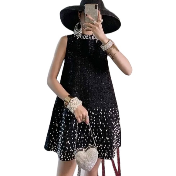 Tweed Pearl Embellished Shift Dress Small - Picture 11 of 13